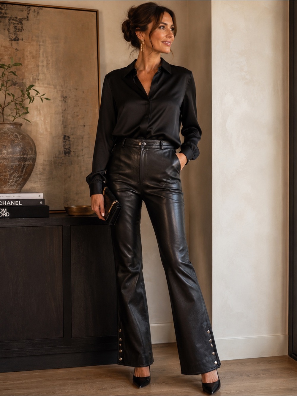 St. John Black Flared Leather Pants Size 10